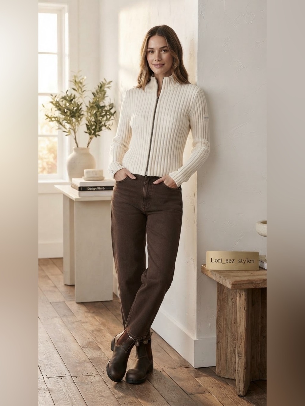 DKNY Cream Ribbed Zip Cardigan - Picture 3 of 7